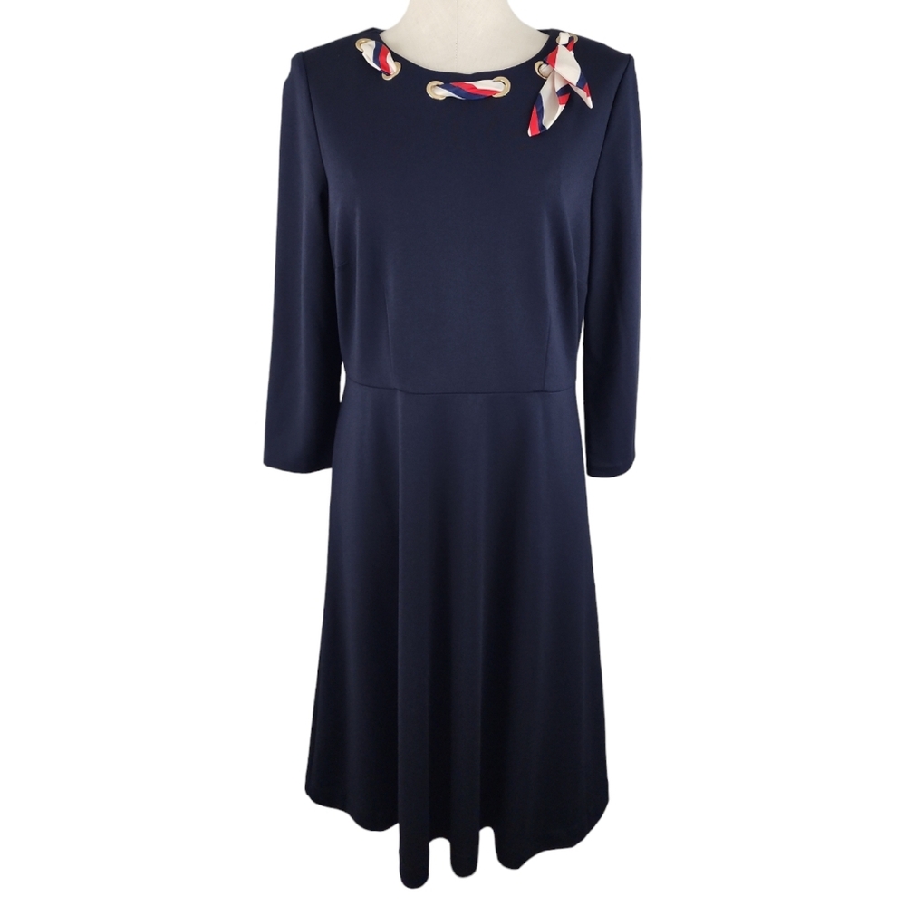 TALBOTS NWT $149 Navy Ponte Stretch Grommet Ribbon Bow Sailor Dress Size 10